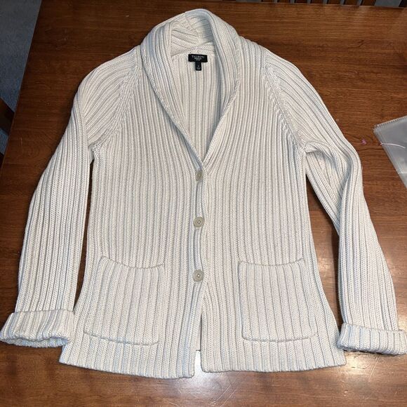 Talbots Petites Cream Chunky Knit Collared Button Up Sweater Cardigan Small - Picture 2 of 6